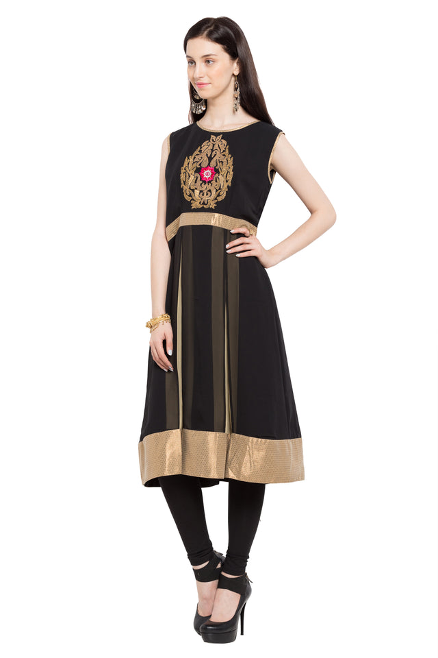 Faux Georgette Flared Kurti In Black