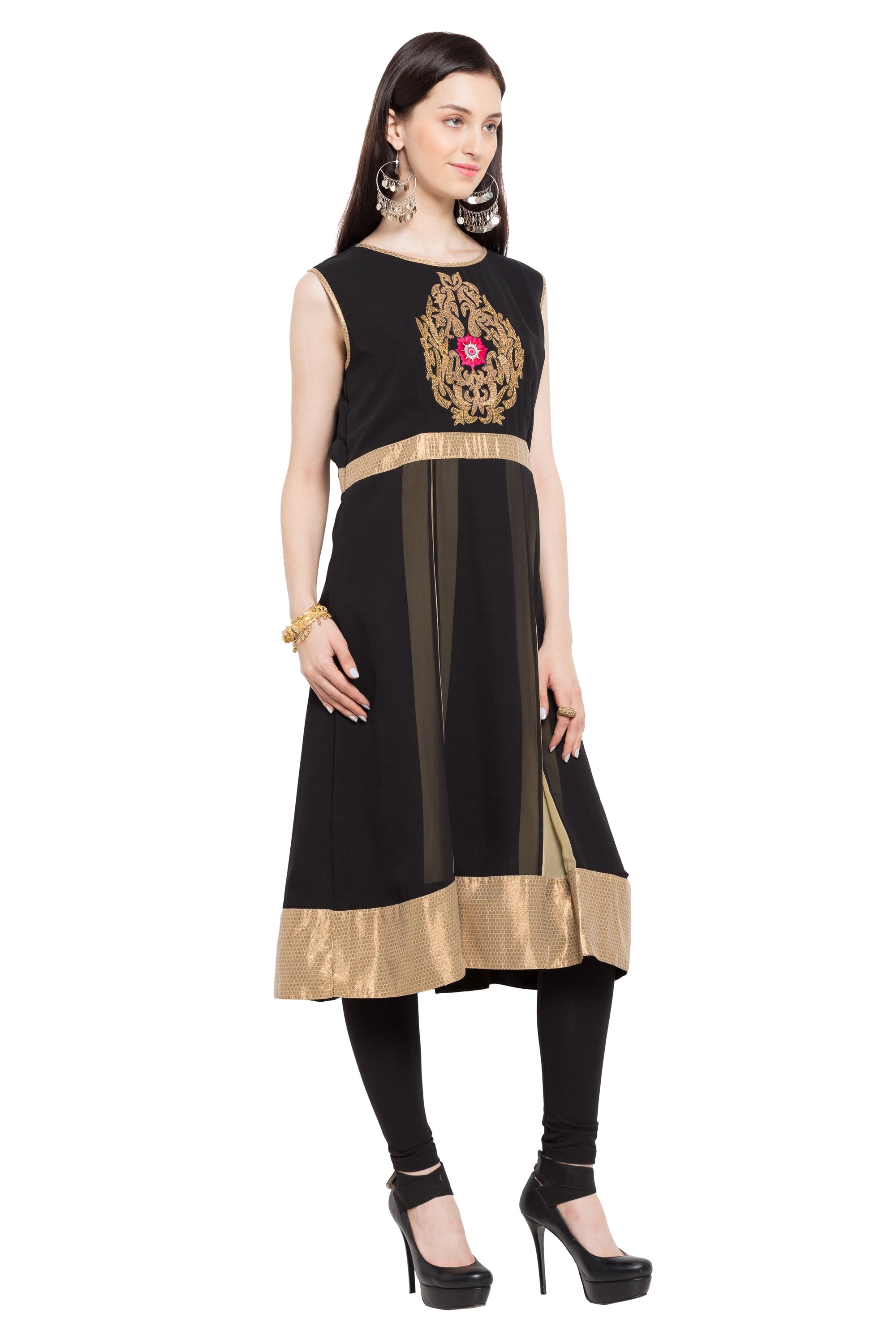 Faux Georgette Flared Kurti In Black