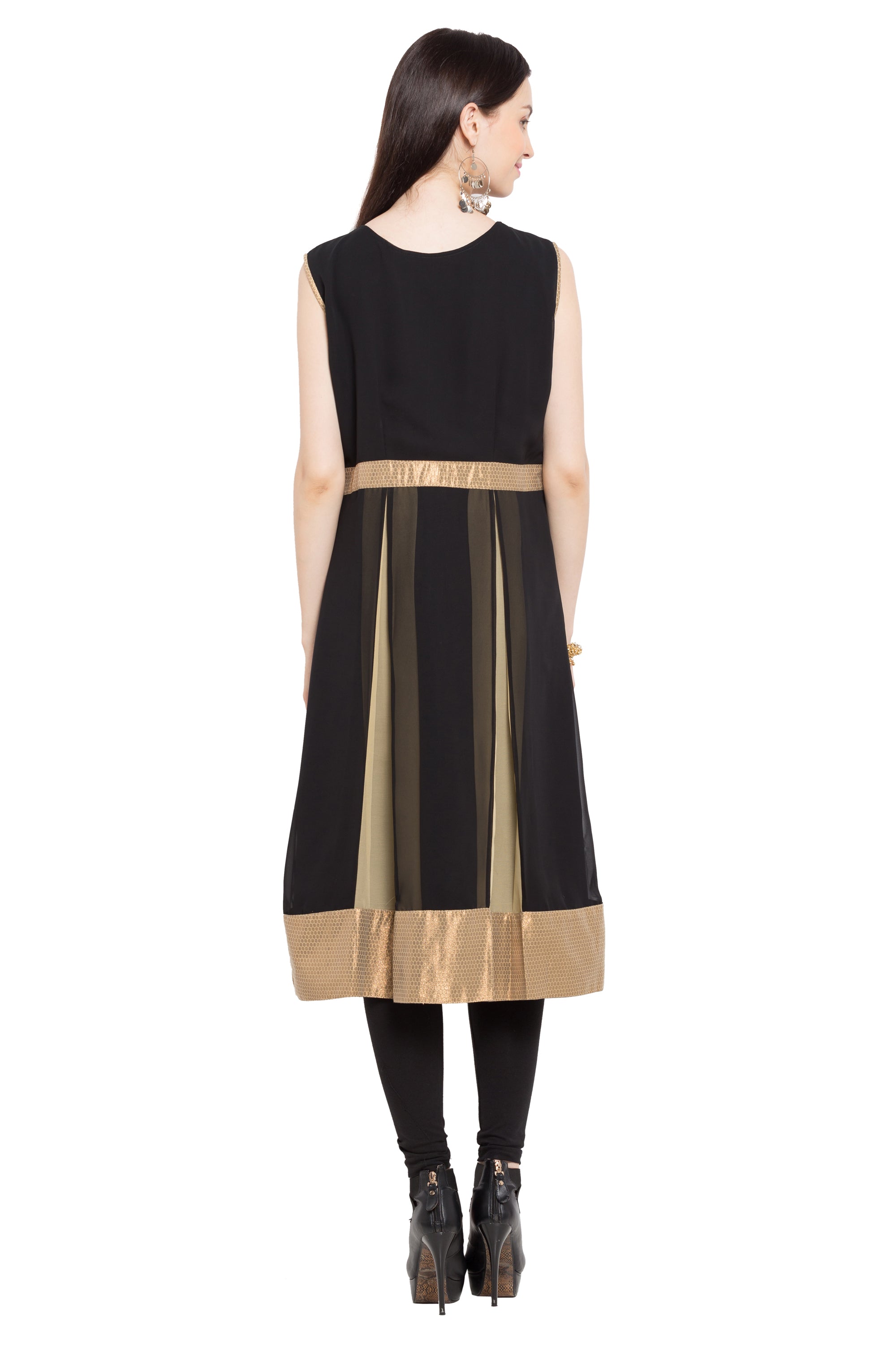 Faux Georgette Flared Kurti In Black