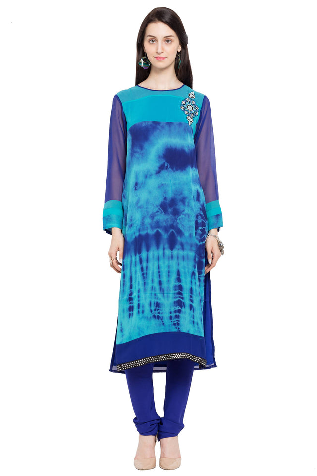 Faux Georgette Straight Kurta Top in Blue - Front