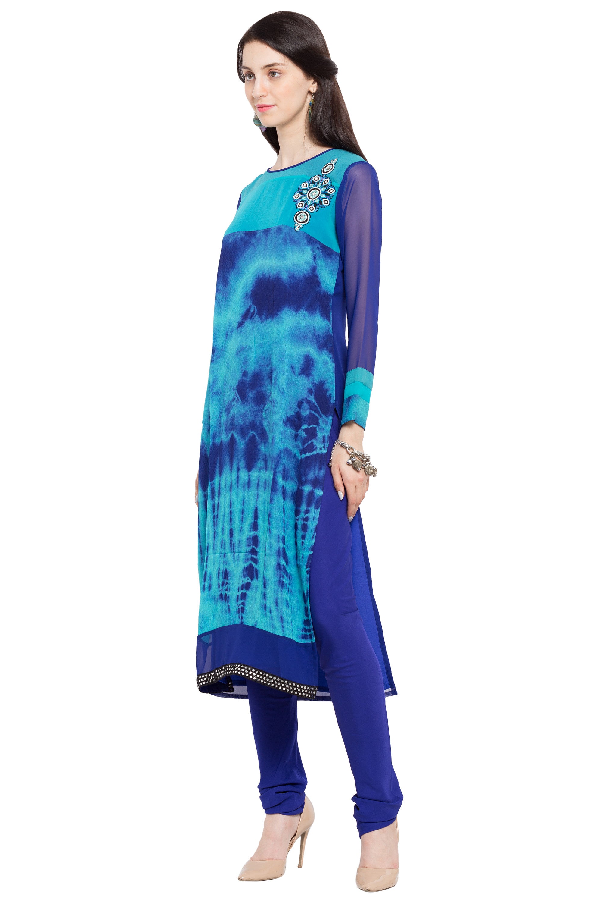 Faux Georgette Straight Kurta Top in Blue - Right Side