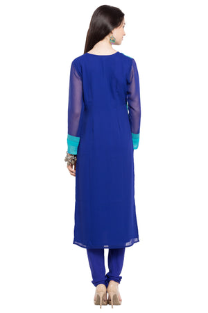 Faux Georgette Straight Kurta Top in Blue - Back