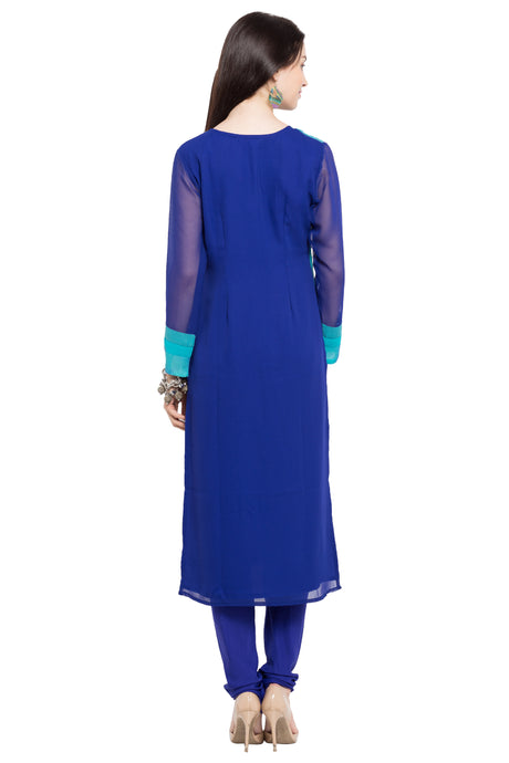 Faux Georgette Straight Kurta Top in Blue - Back