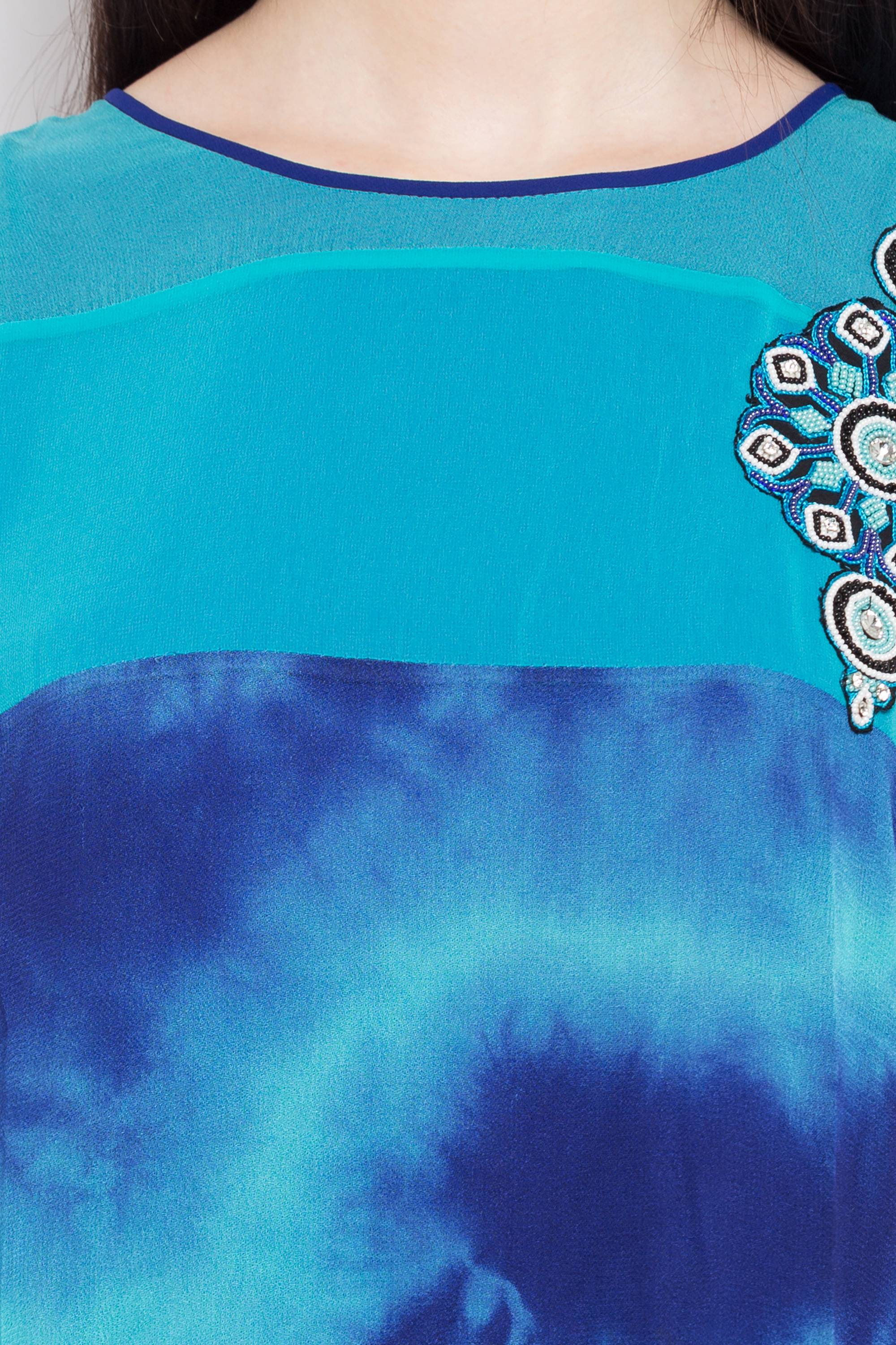 Faux Georgette Straight Kurta Top in Blue - Zoom