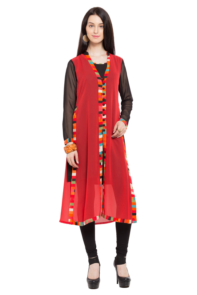 Faux Georgette Flared Kurti Top In Red
