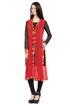 Faux Georgette Flared Kurti Top In Red
