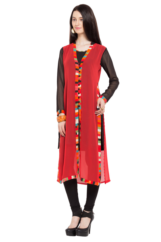 Faux Georgette Flared Kurti Top In Red