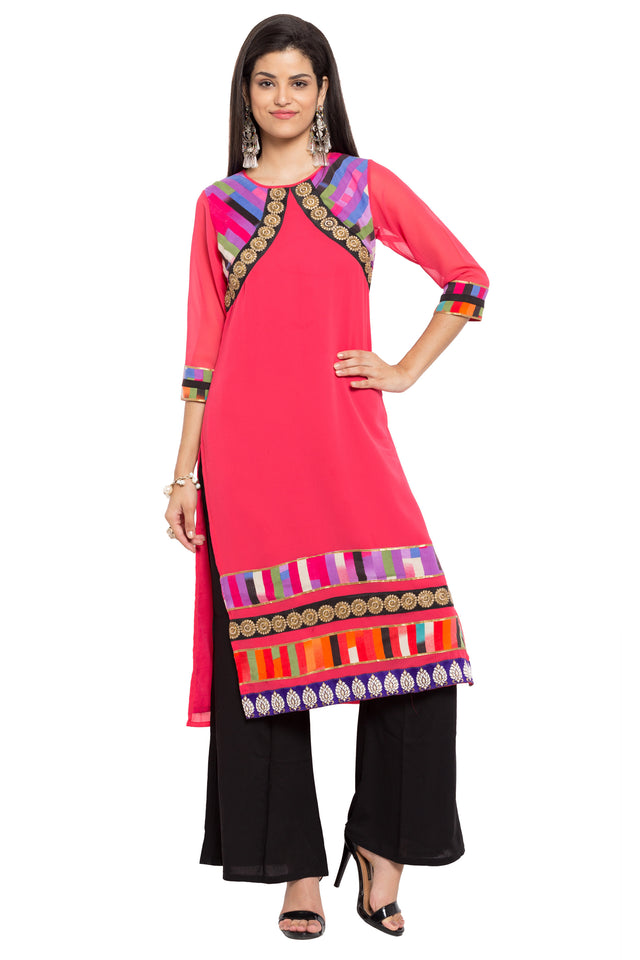 Faux Georgette Straight Kurti Top In Pink
