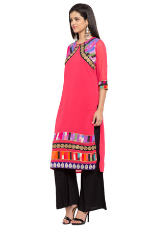 Faux Georgette Straight Kurti Top In Pink