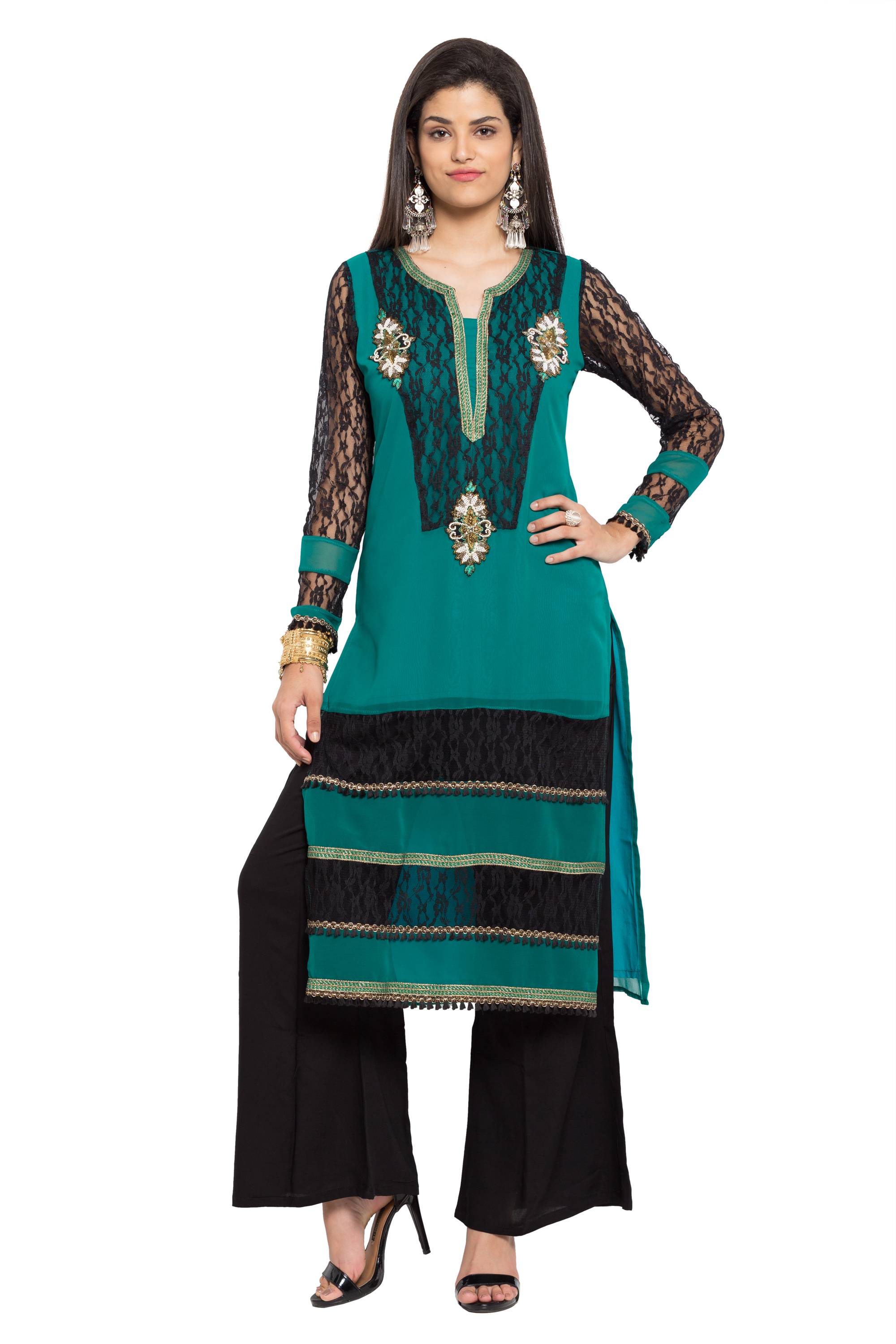 Faux Georgette Straight Kurti Top In Green