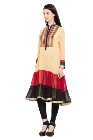 Faux Georgette Tiered Kurti In Beige