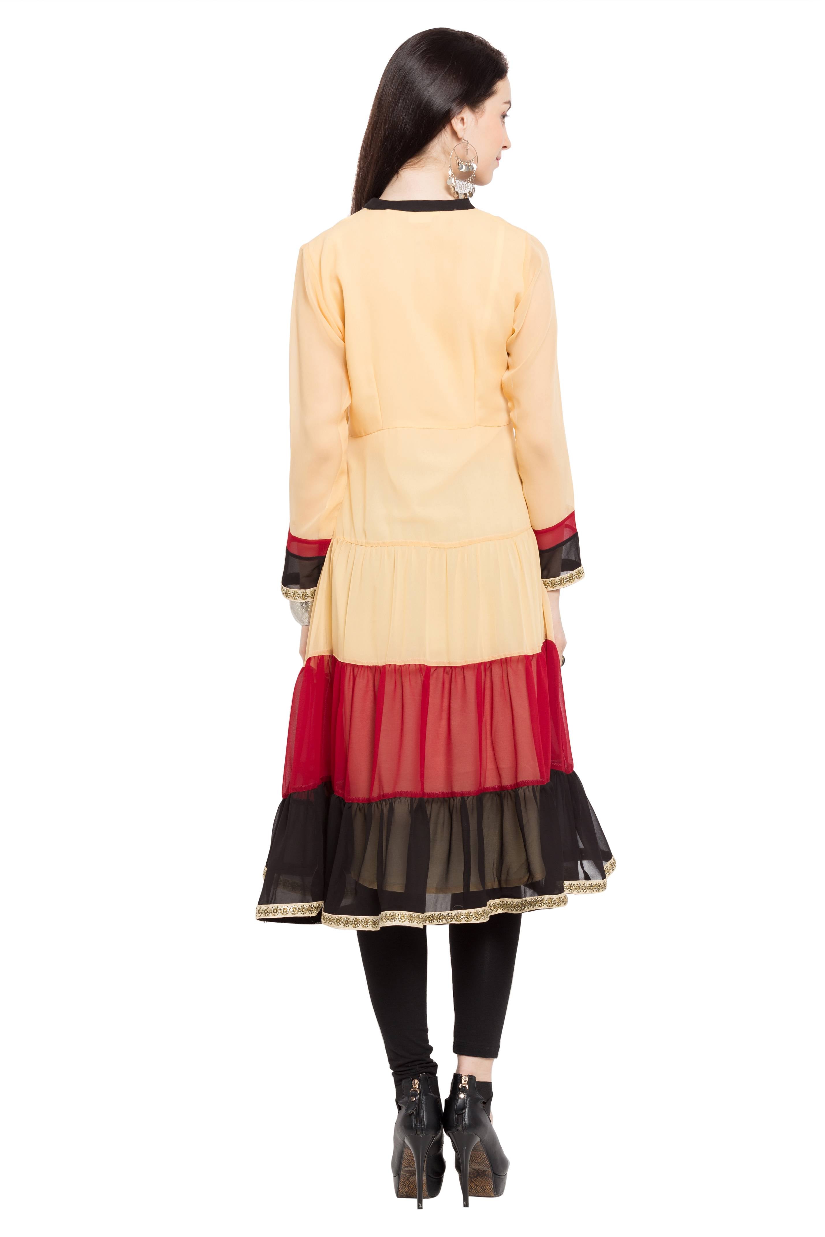Faux Georgette Tiered Kurti In Beige
