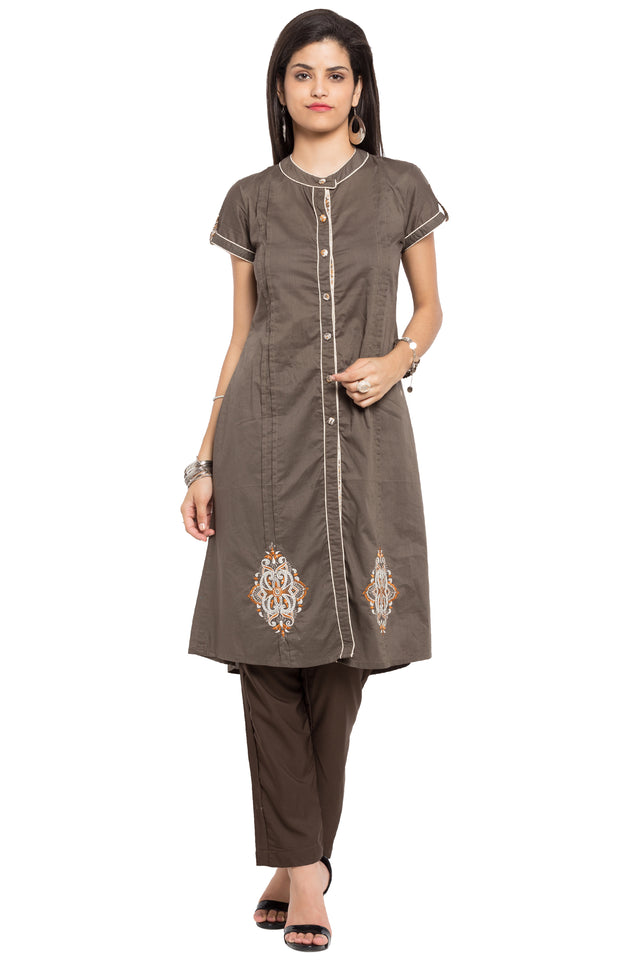 Blended Cotton High Slit Kurti In Grey