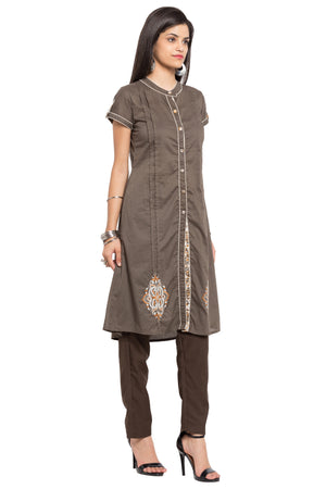 Blended Cotton High Slit Kurti In Grey