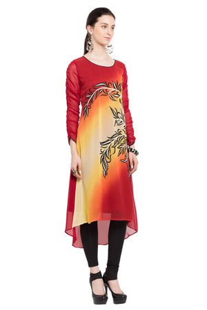Faux Georgette Asymmetric Kurti Top In Red