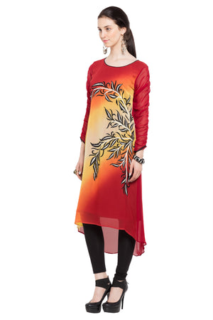 Faux Georgette Asymmetric Kurti Top In Red