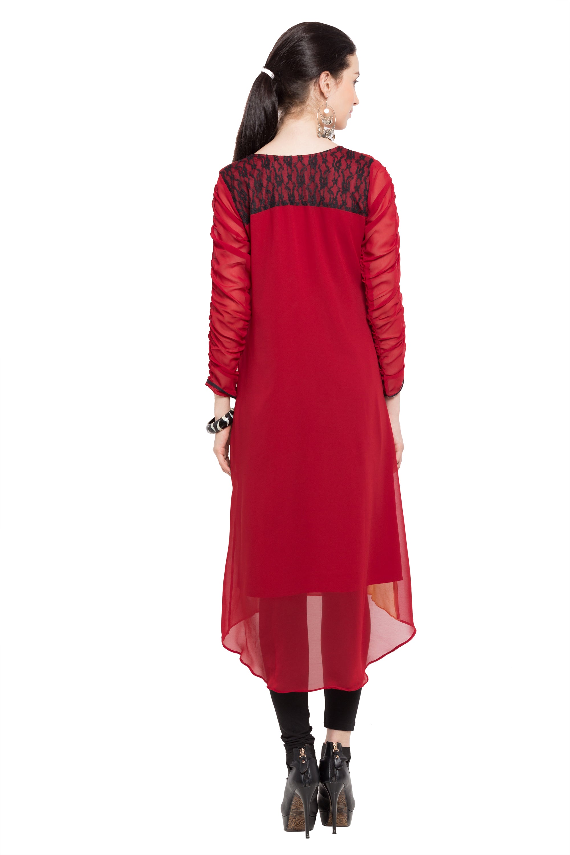 Faux Georgette Asymmetric Kurti Top In Red