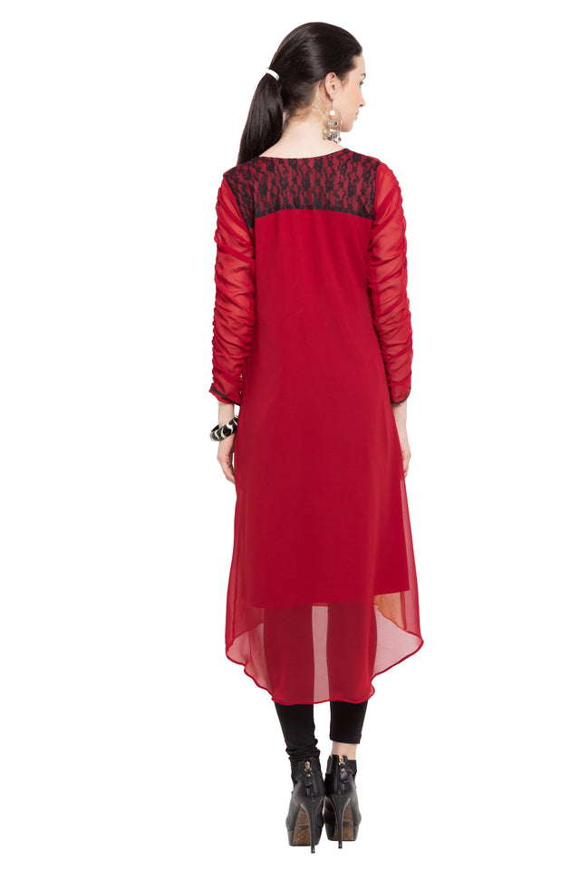 Faux Georgette Asymmetric Kurti Top In Red