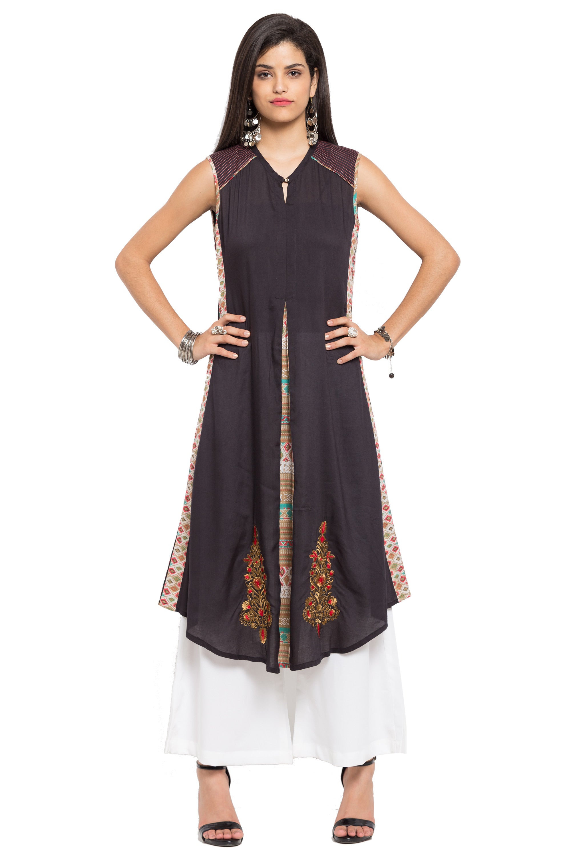 Blended Cotton Embroidered Kurti Top In Black