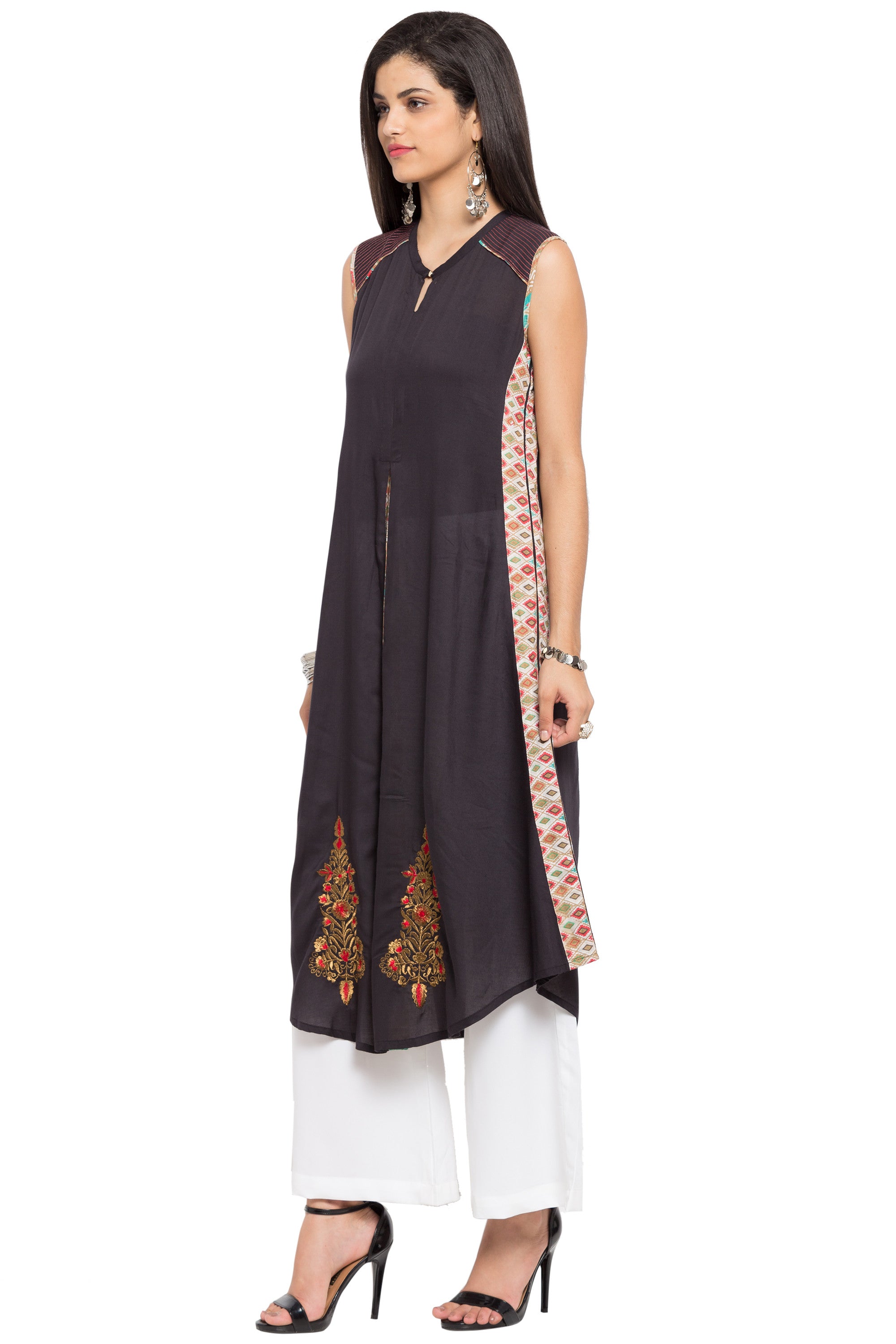 Blended Cotton Embroidered Kurti Top In Black