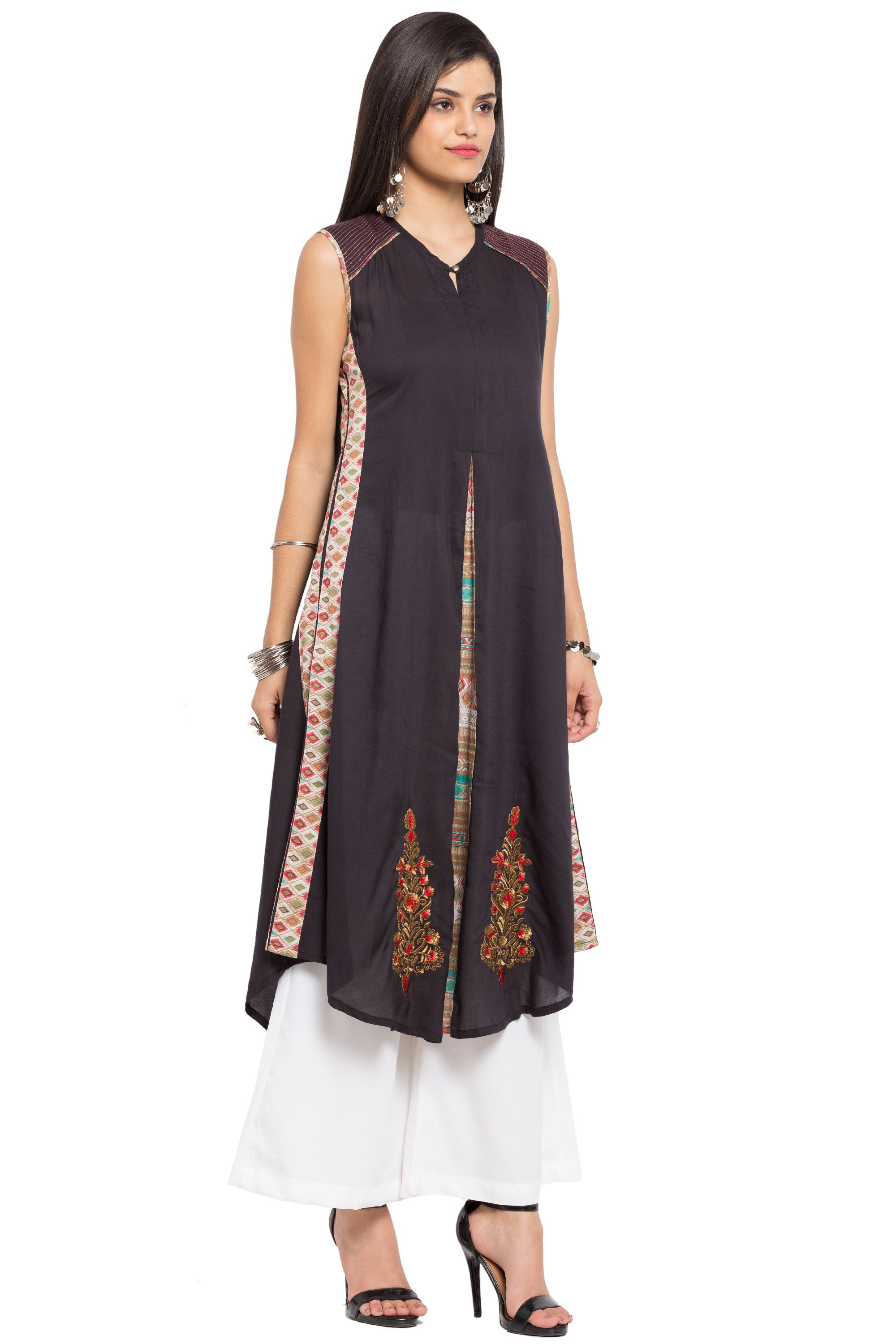 Blended Cotton Embroidered Kurti Top In Black