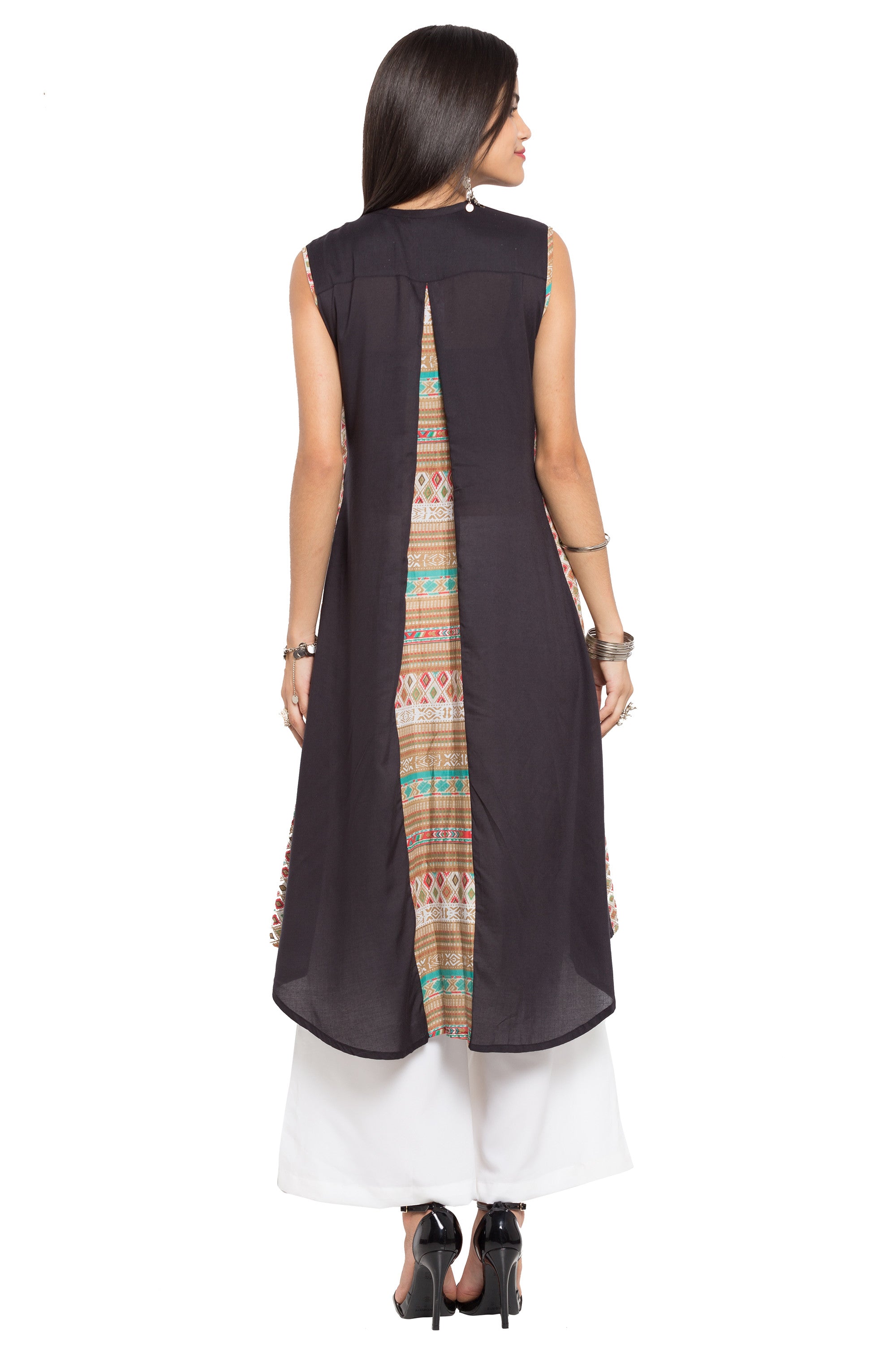 Blended Cotton Embroidered Kurti Top In Black