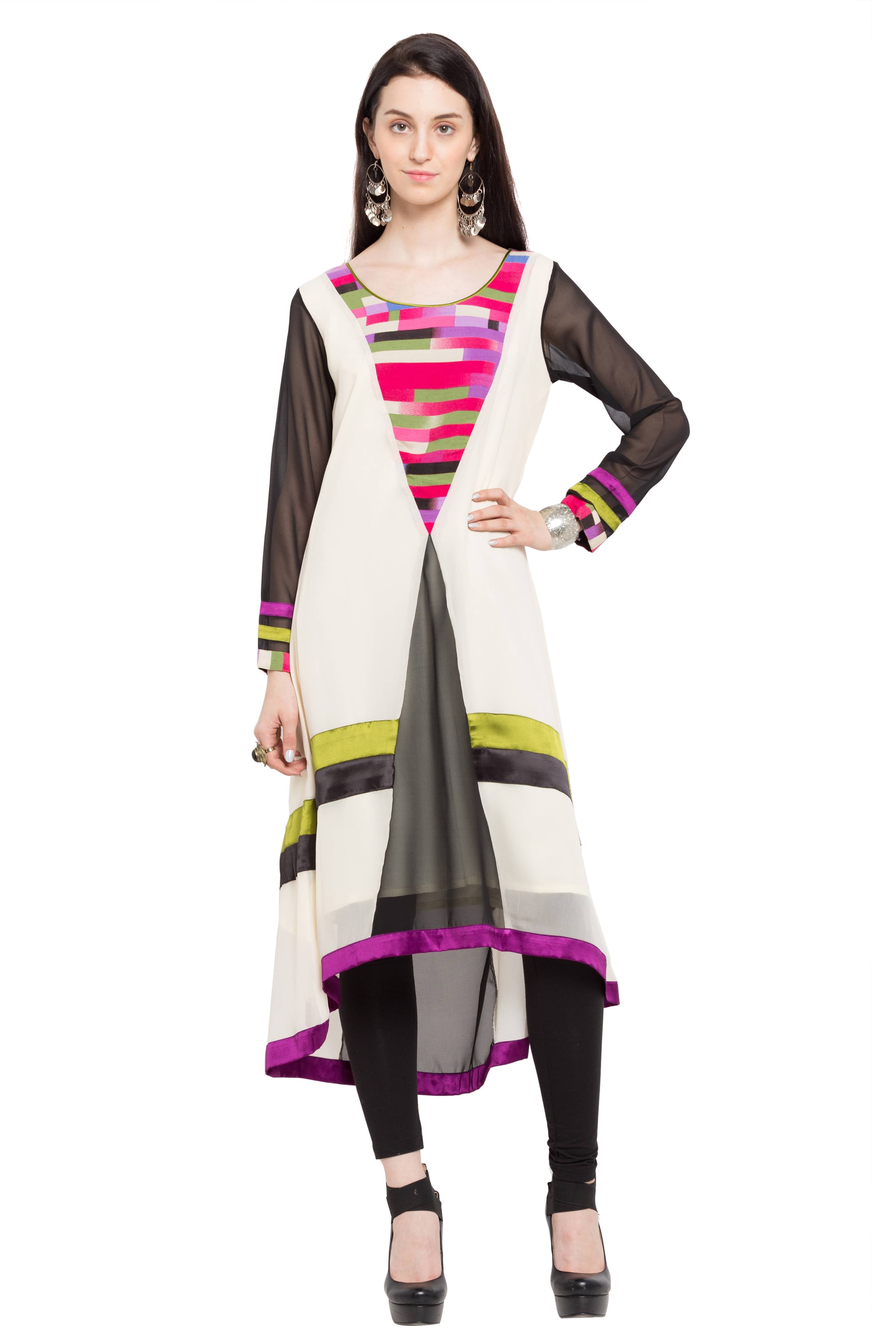 Faux Georgette Asymmetric Kurti In White