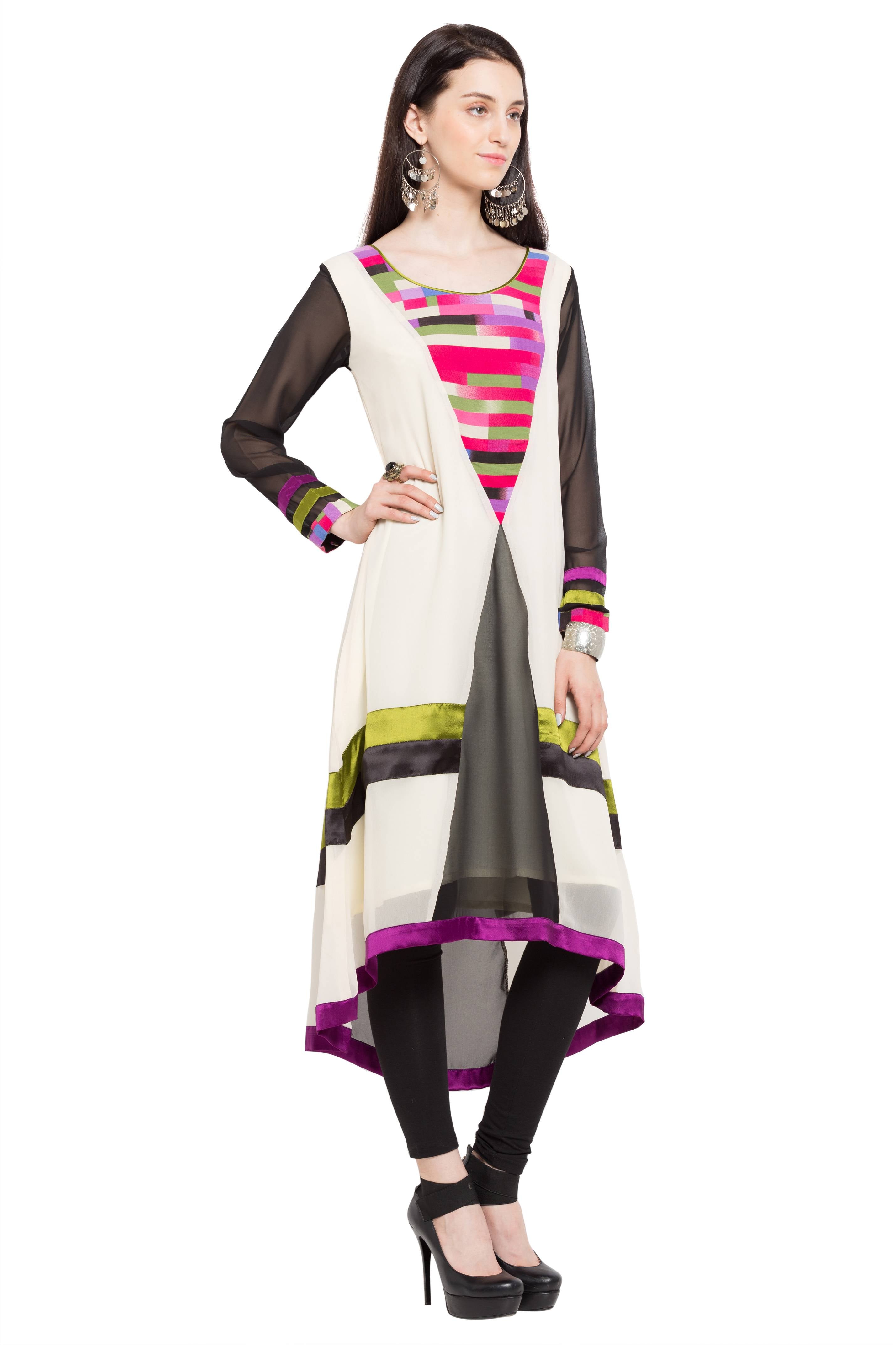Faux Georgette Asymmetric Kurti In White