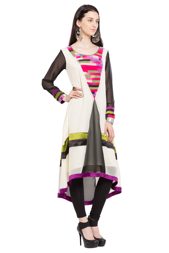 Faux Georgette Asymmetric Kurti In White