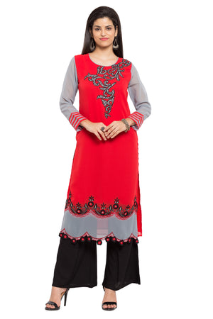 Faux Georgette Flared Kurti Top In Red