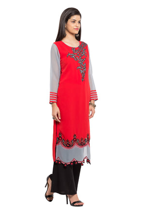 Faux Georgette Flared Kurti Top In Red