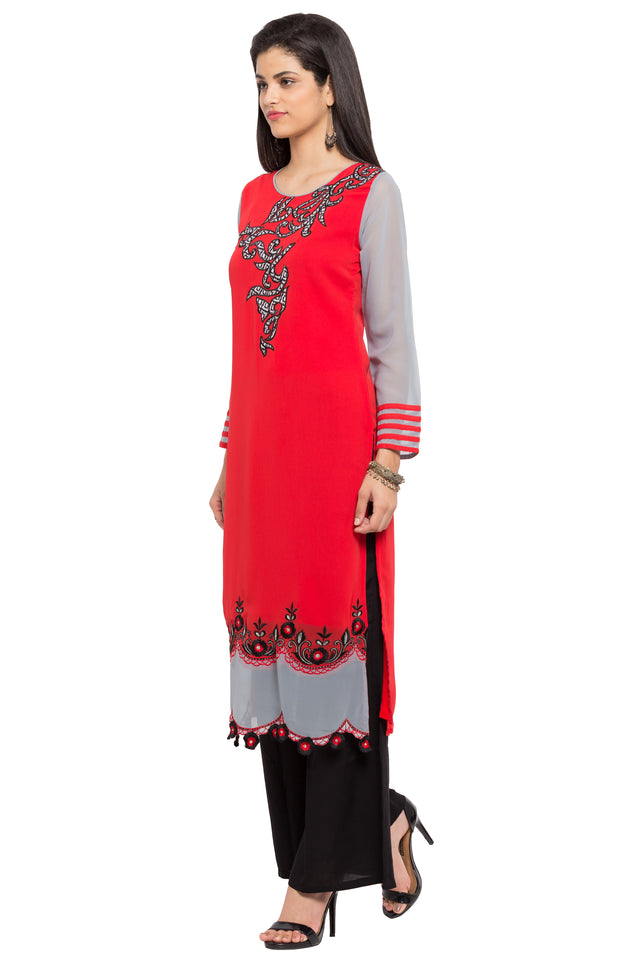 Faux Georgette Flared Kurti Top In Red