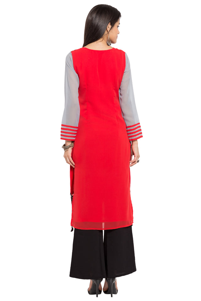 Faux Georgette Flared Kurti Top In Red