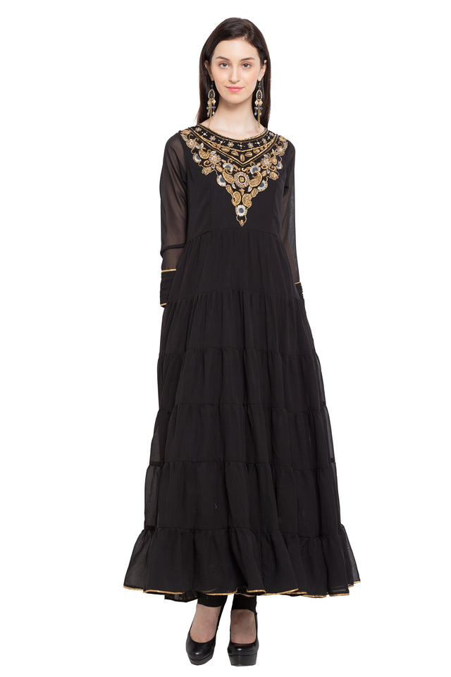 Faux Georgette Anarkali Kurti Top In Black