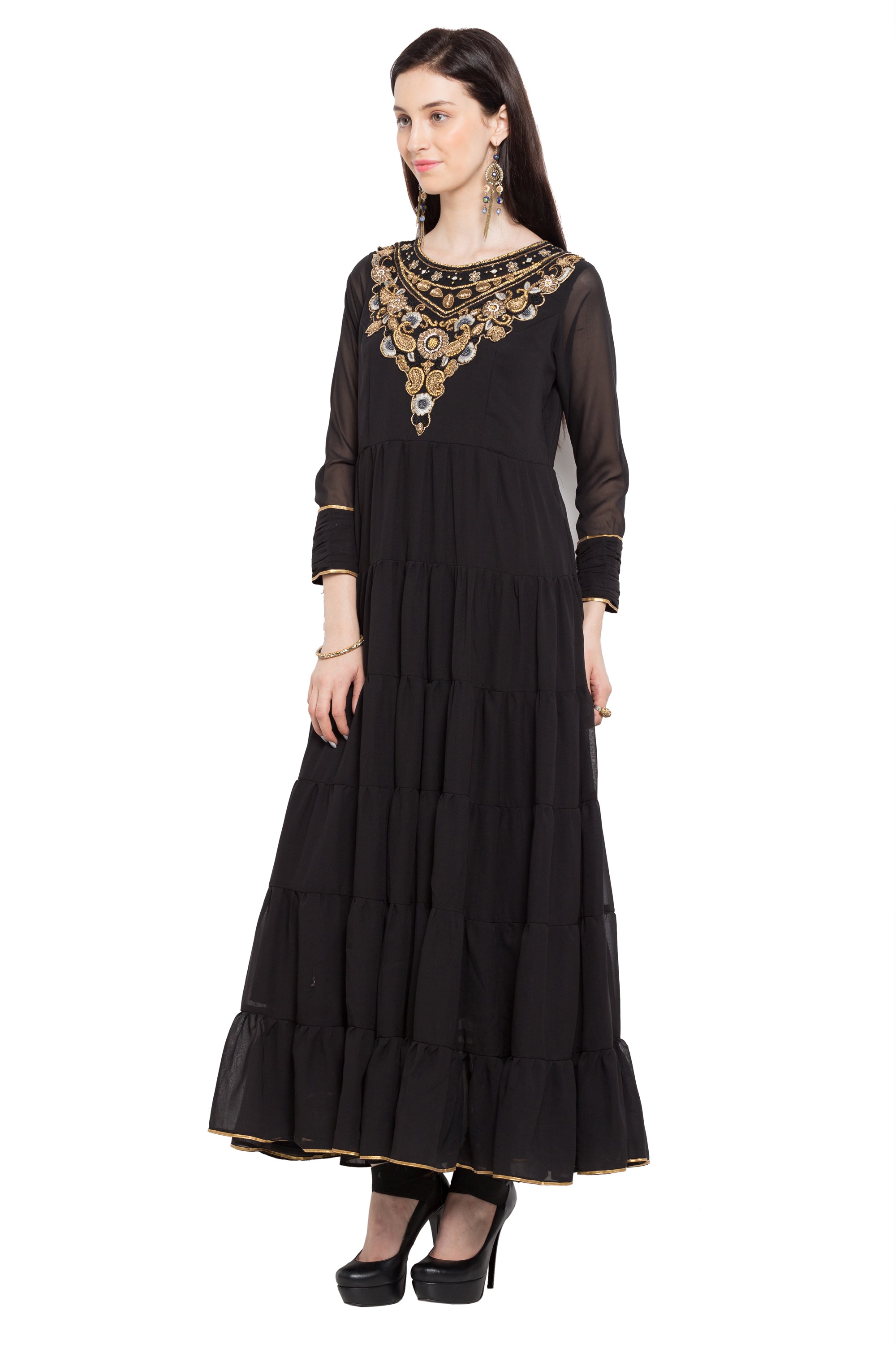 Faux Georgette Anarkali Kurti Top In Black