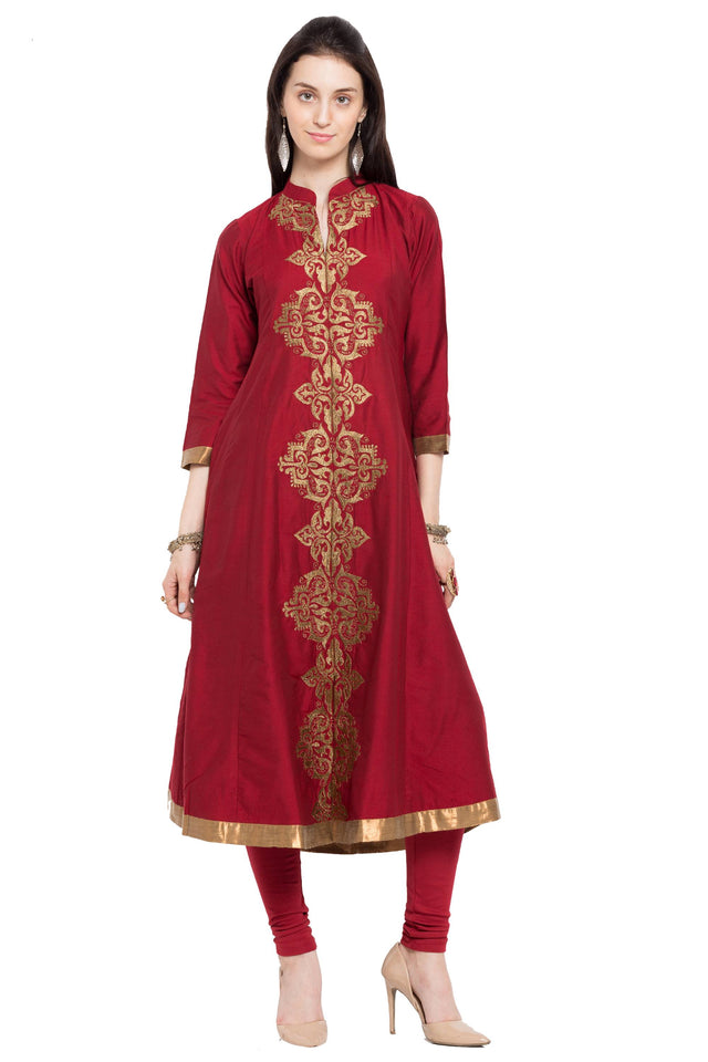 Cotton Art Silk Embroidered Kurta Top in Red