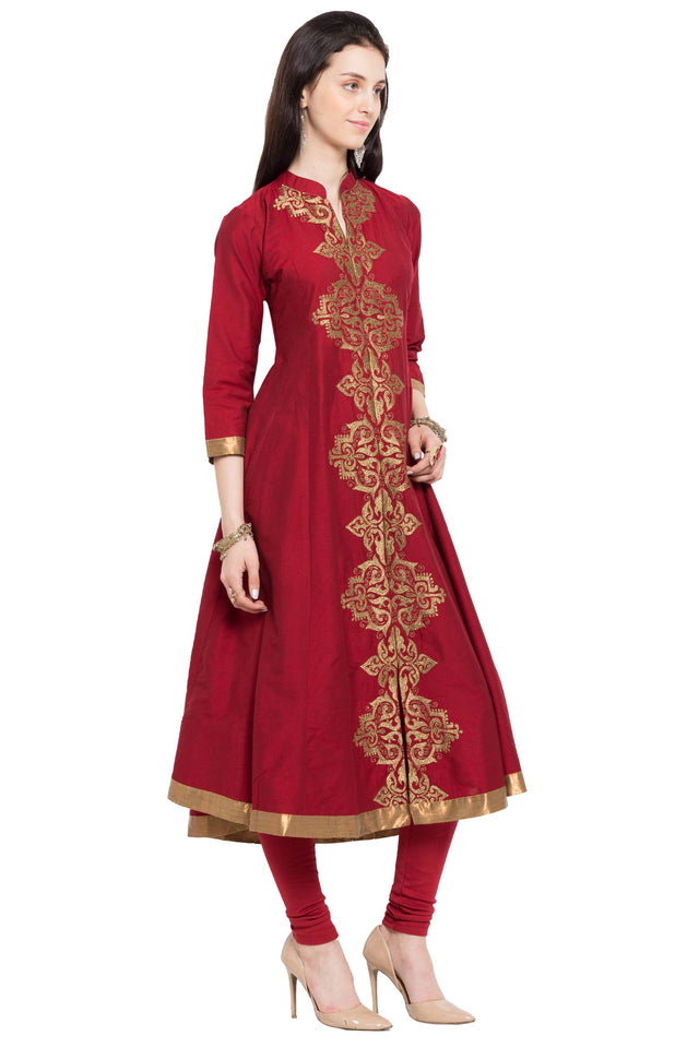 Cotton Art Silk Embroidered Kurta Top in Red - Left Side
