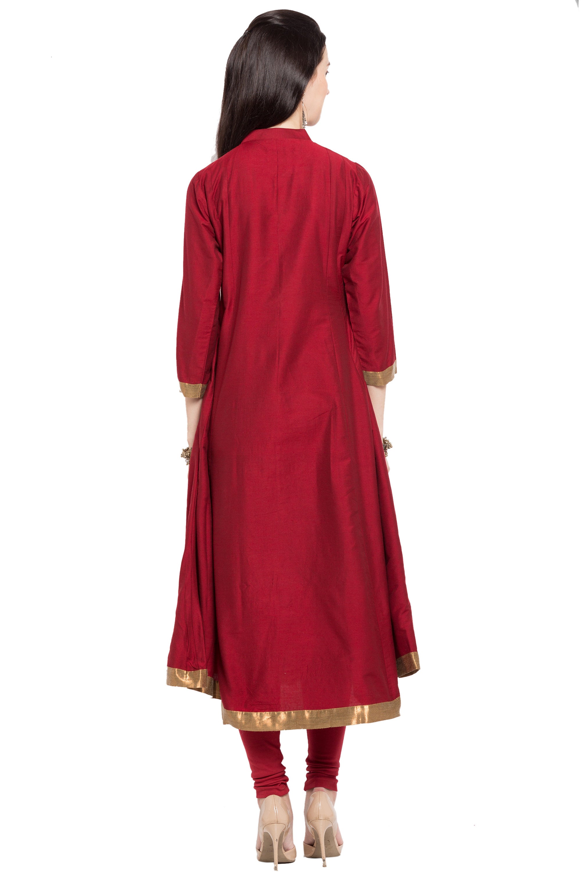 Cotton Art Silk Embroidered Kurta Top in Red - Back