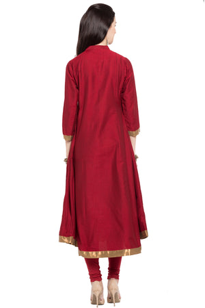 Cotton Art Silk Embroidered Kurta Top in Red - Back