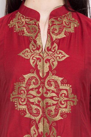 Cotton Art Silk Embroidered Kurta Top in Red - Zoom