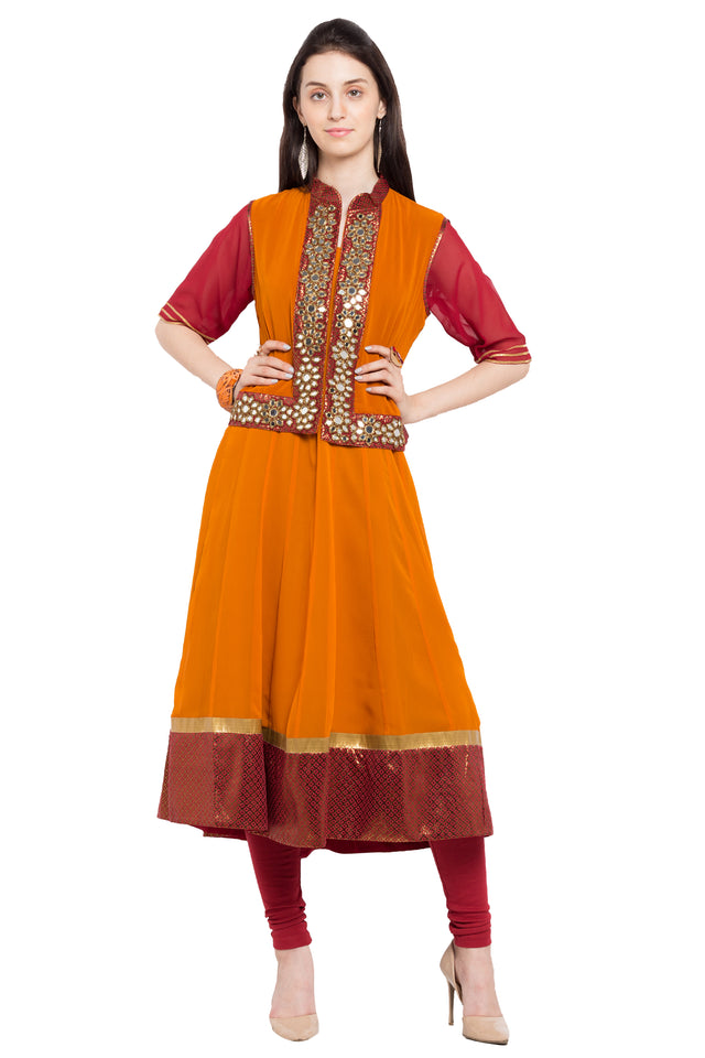 Faux Georgette High-Low Kurti Top In Orange