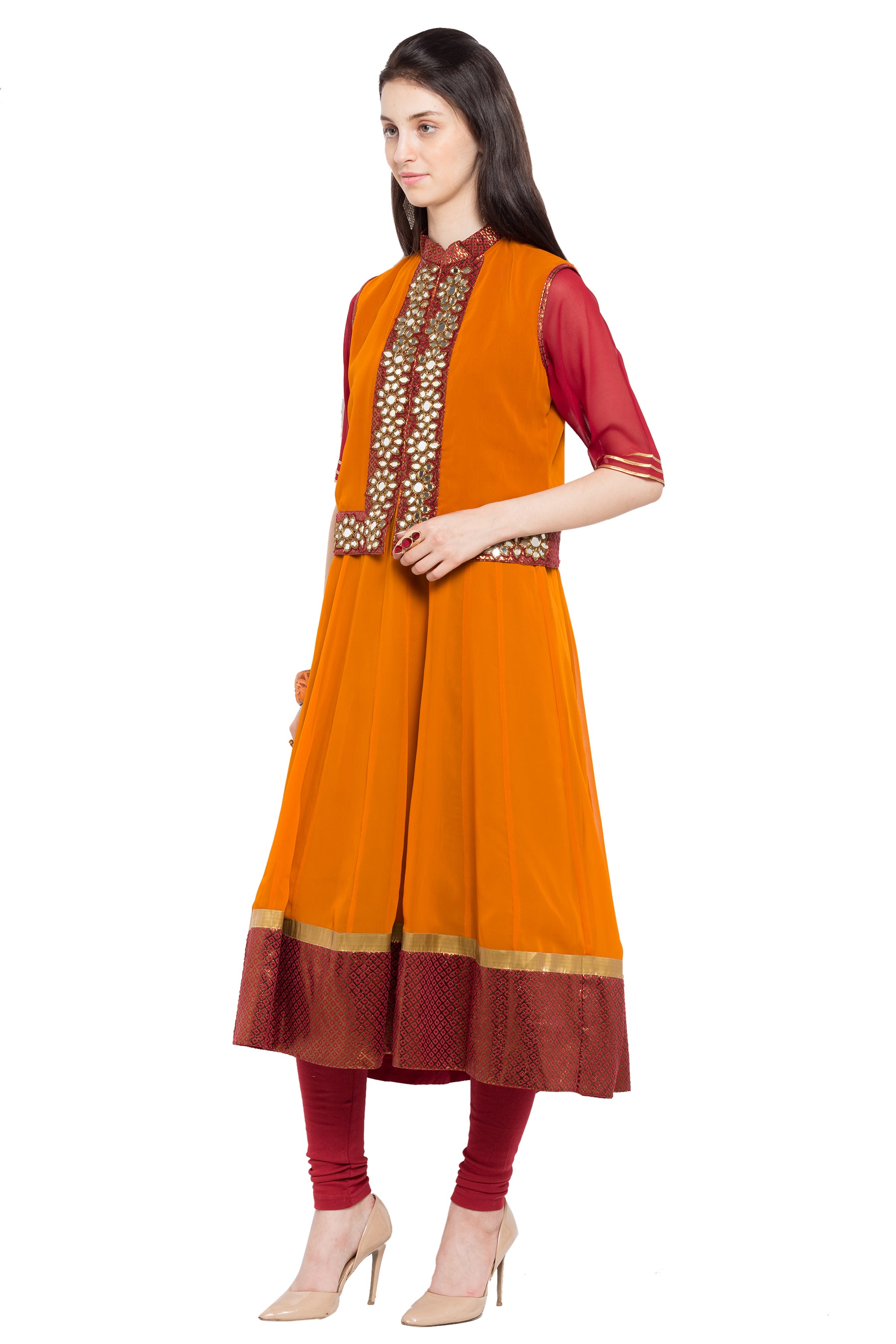 Faux Georgette High-Low Kurti Top In Orange