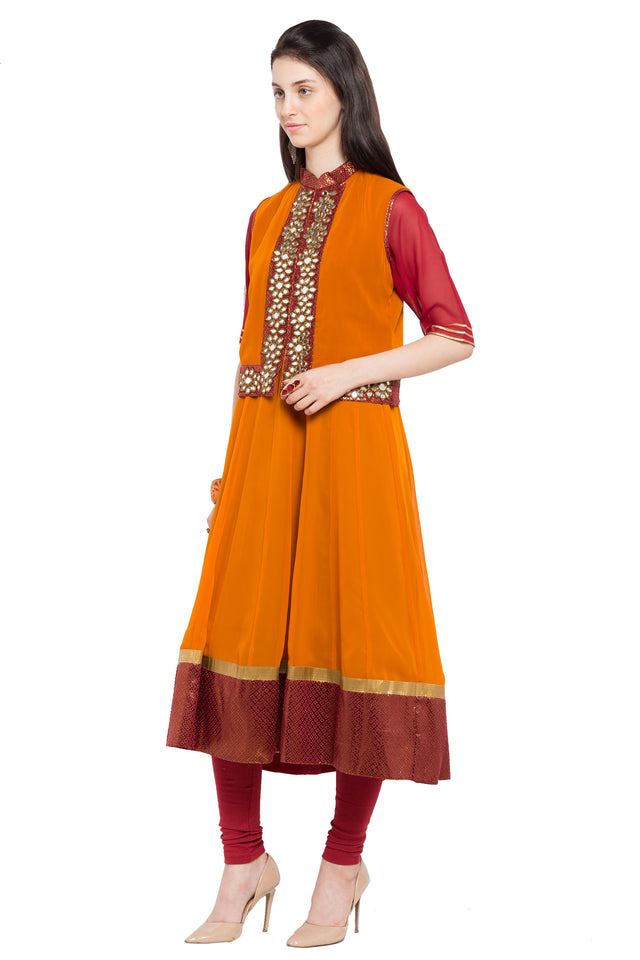 Faux Georgette High-Low Kurti Top In Orange