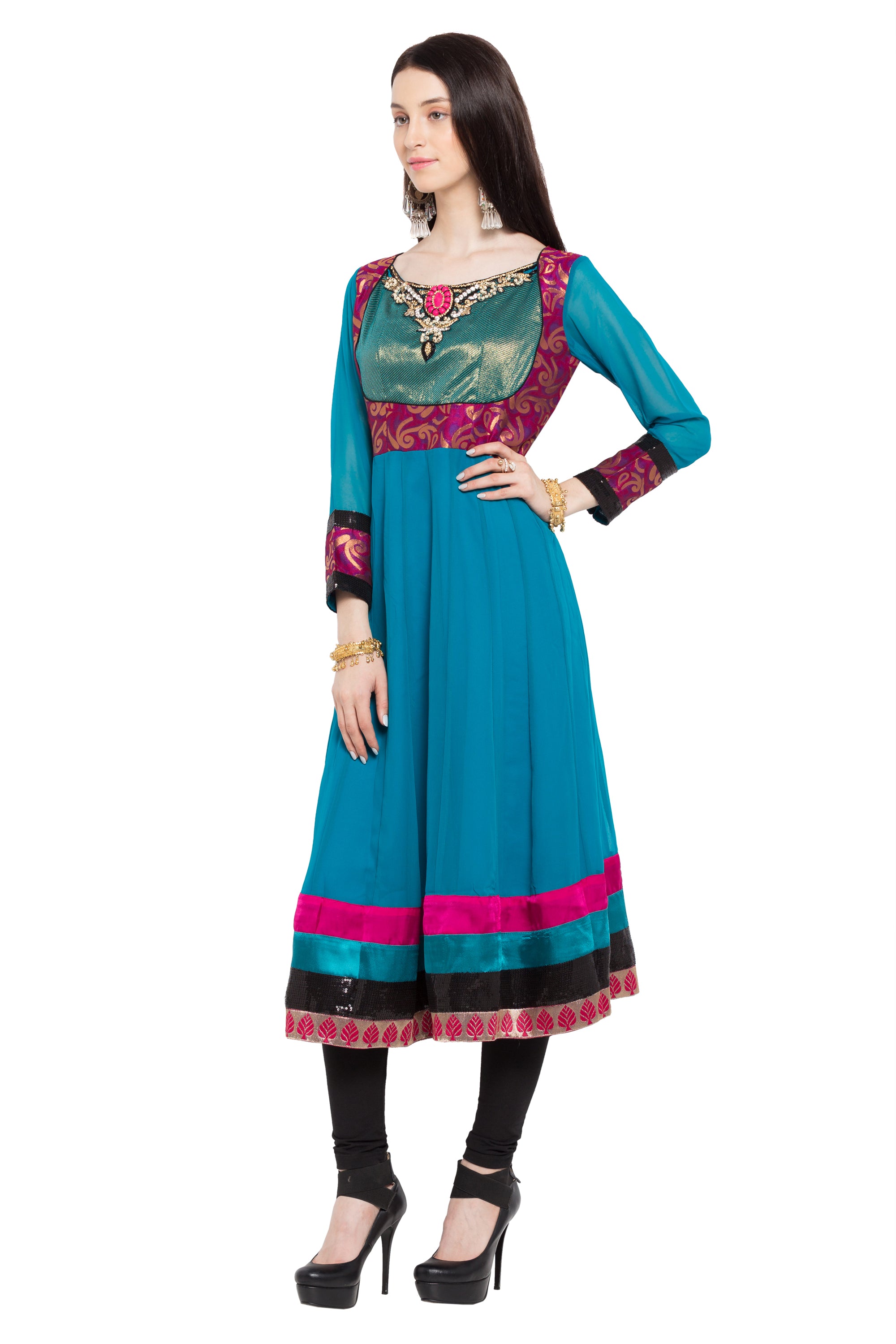 Faux Georgette Anarkali Kurta Top in Blue - Right Side