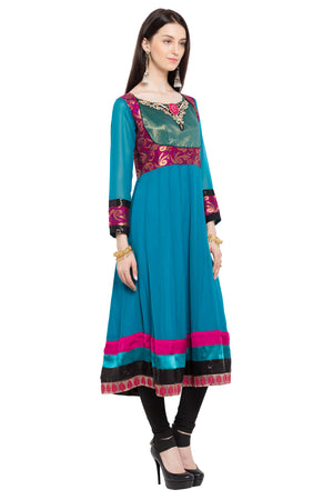 Faux Georgette Anarkali Kurta Top in Blue - Left Side