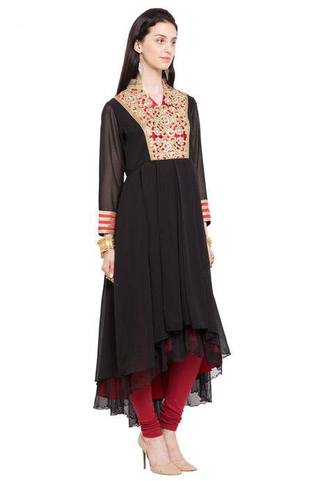 Faux Georgette High-Low Kurta Top in Black - Left Side