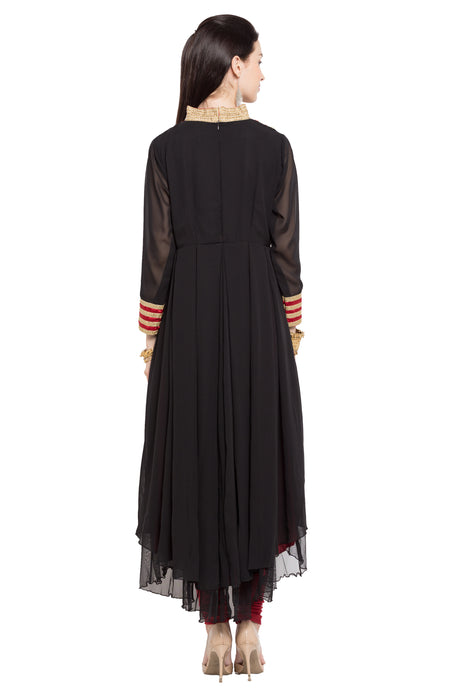Faux Georgette High-Low Kurta Top in Black - Back