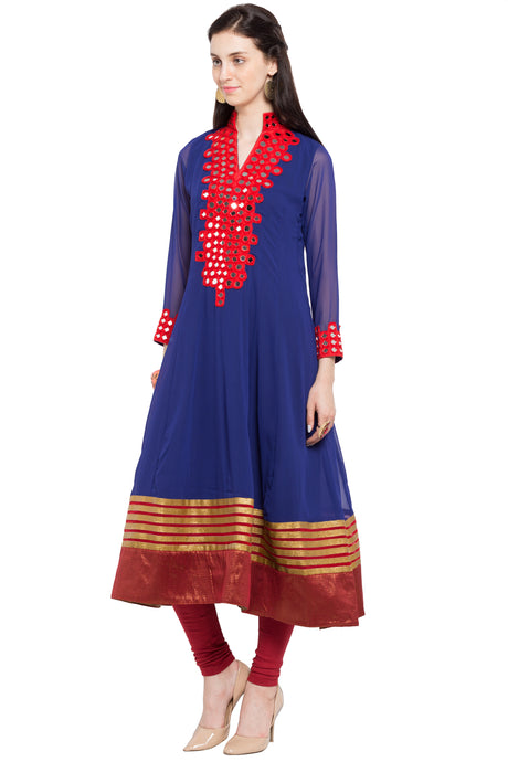 Faux Georgette Flared Kurta Top in Dark Blue - Right Side