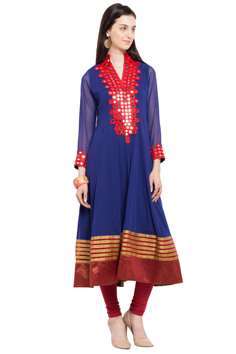 Faux Georgette Flared Kurta Top in Dark Blue - Left Side