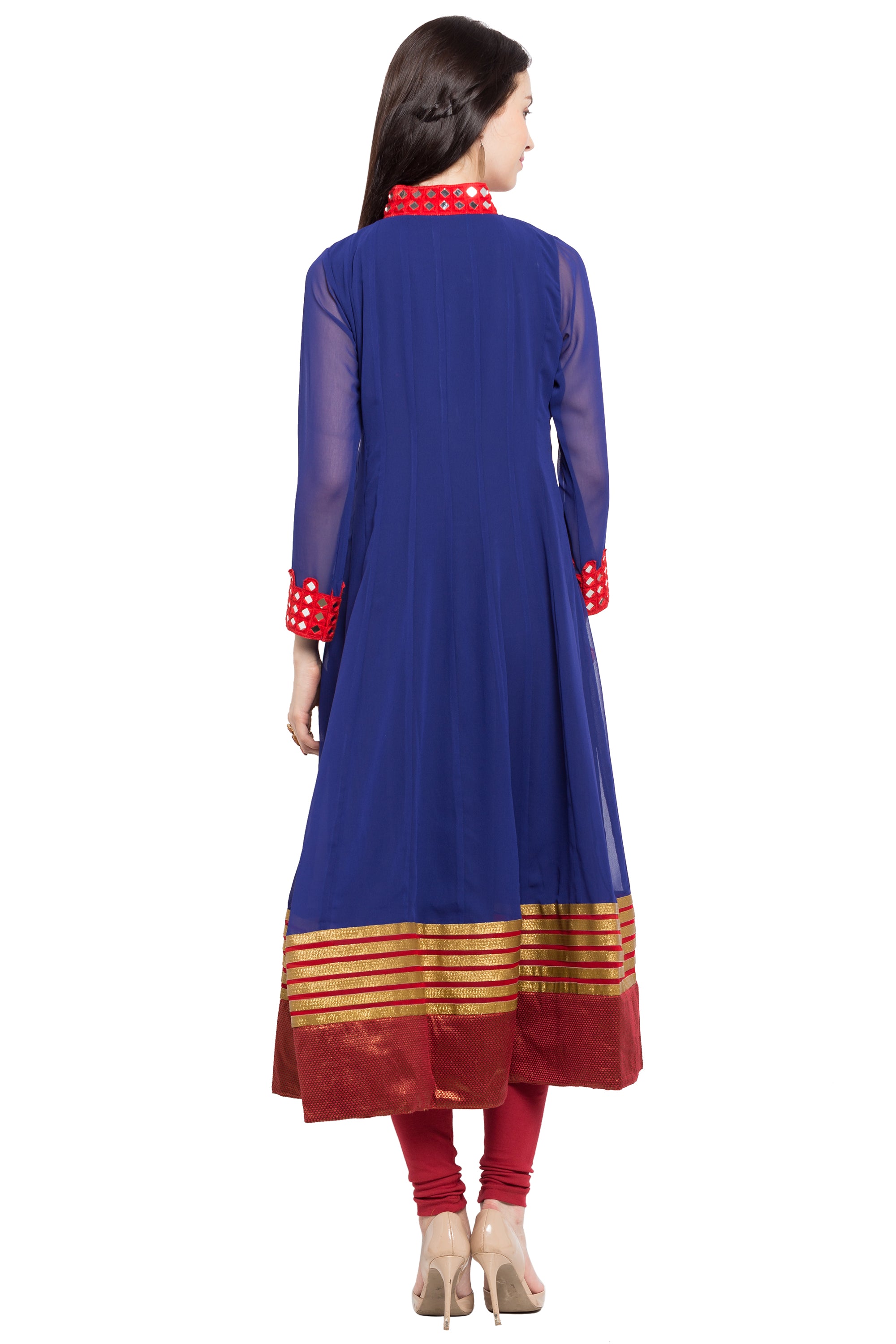 Faux Georgette Flared Kurta Top in Dark Blue - Back